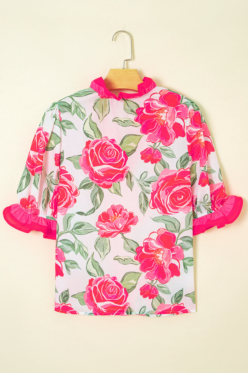 Floral Contrast Frilled V-Neck Blouse