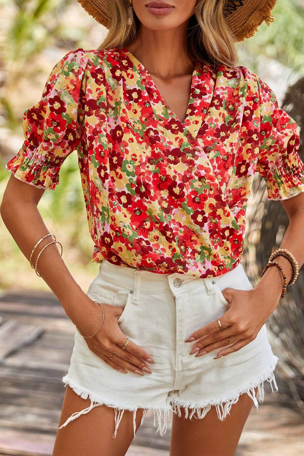 Floral Pleated Wrap V-Neck Blouse