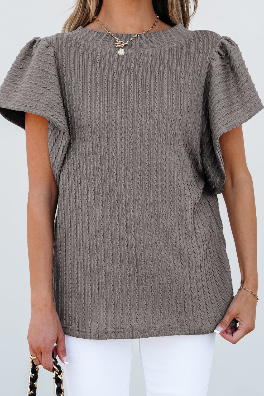 Solid Cable Textured Flutter Sleeve Top