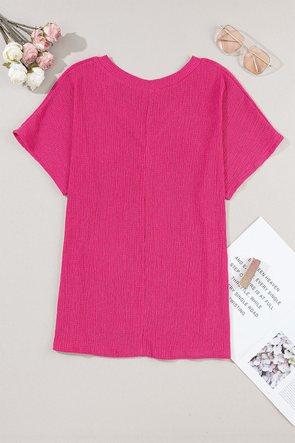 Solid Crinkled V-Neck T-Shirt