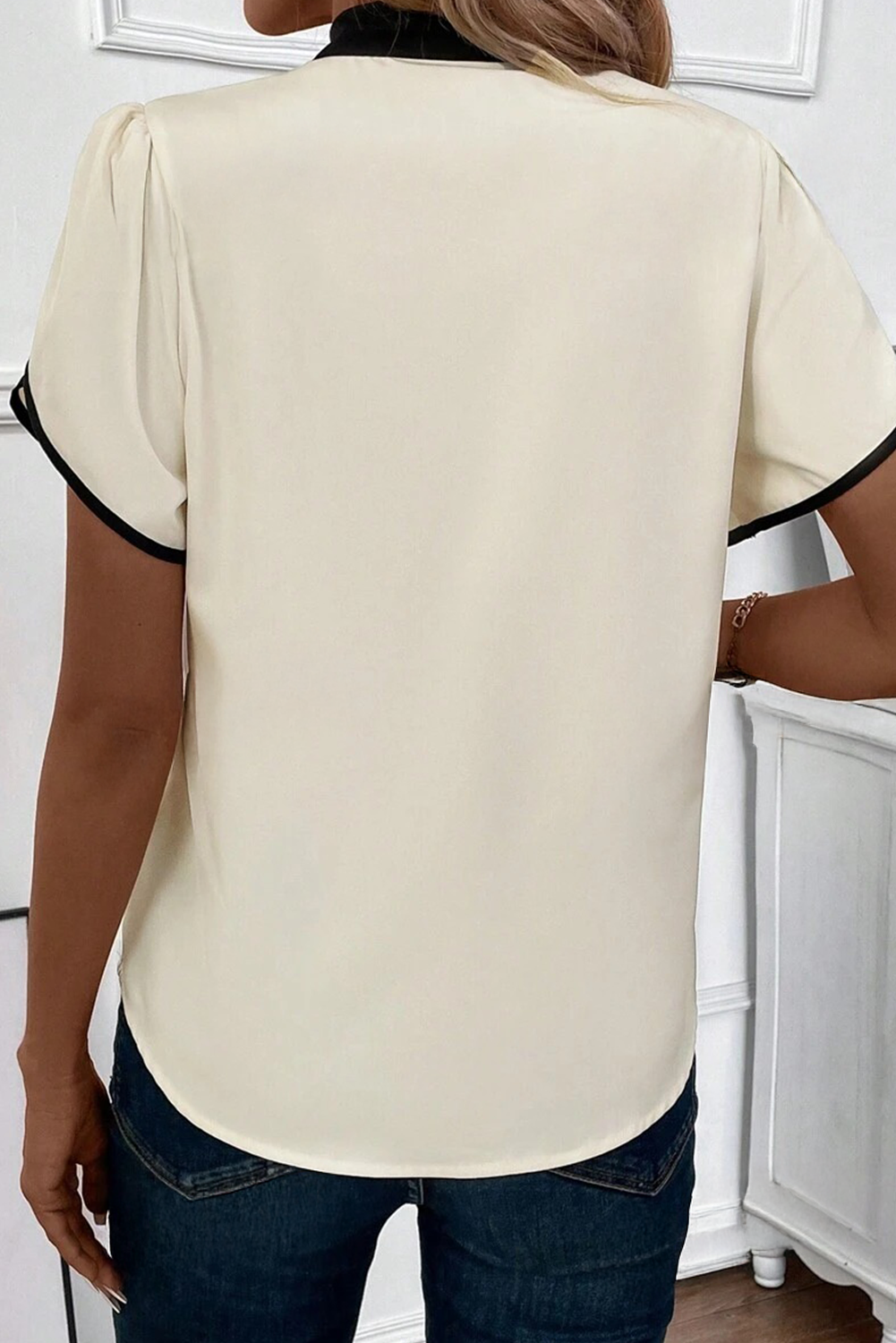 Stripe Contrast Bow Neckline Blouse