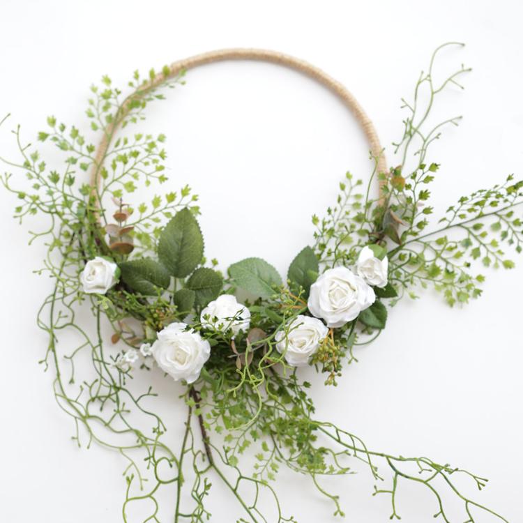 Floral Hoop Artificial White Rose with Greenery Ferns 9" D