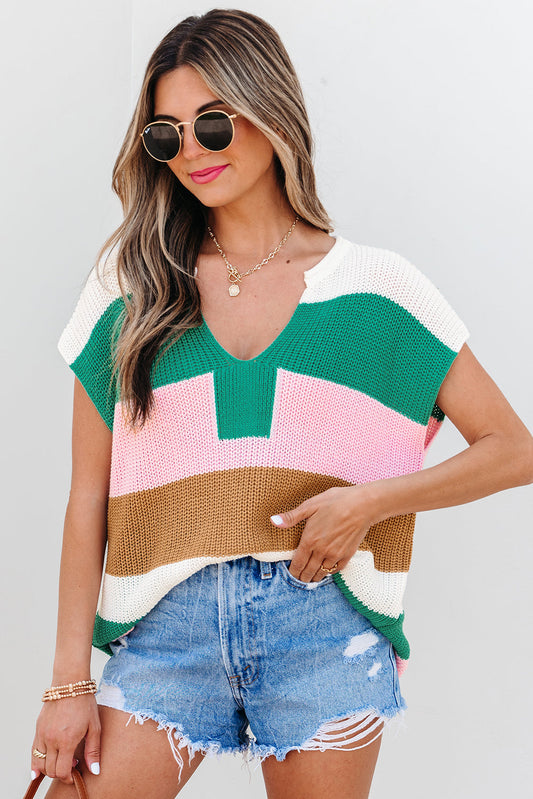 Colorblock Notched V-Neck Sweater T-Shirt