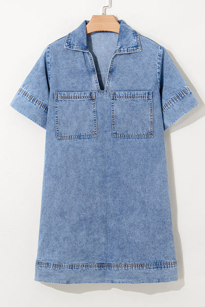 Denim Collared V-Neck Pocketed Dress