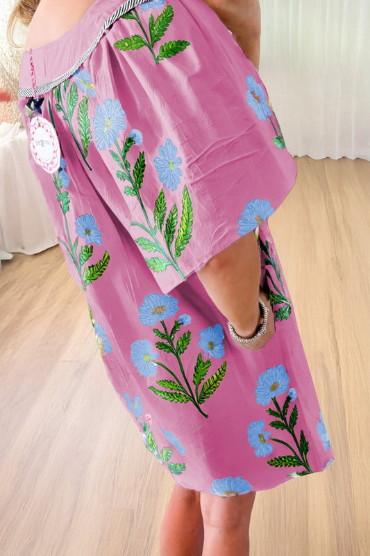Floral Split Neck Mini Dress