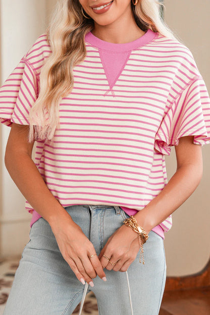 Stripe Contrast Trim Ruffle Sleeve Top