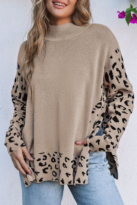 Leopard Colorblock Mock Neck Sweater