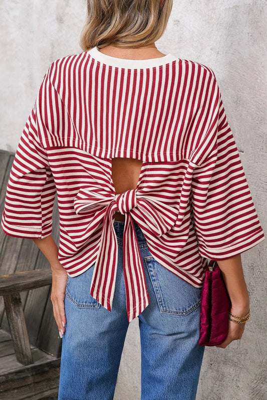 Stripe Bow Back Cutout Tee