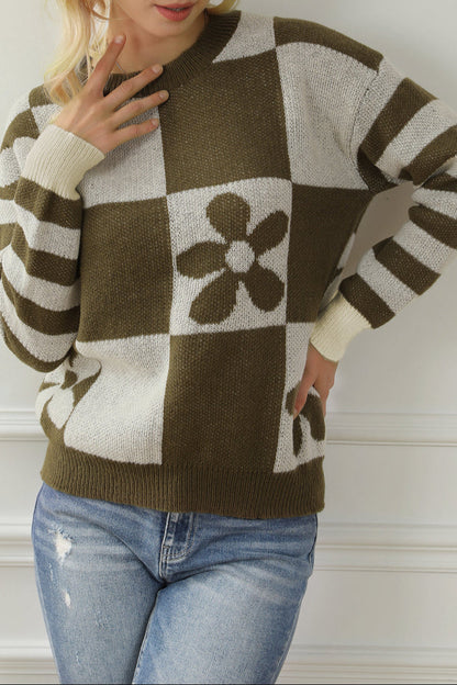 Checker Floral Stripe Patchwork Sweater