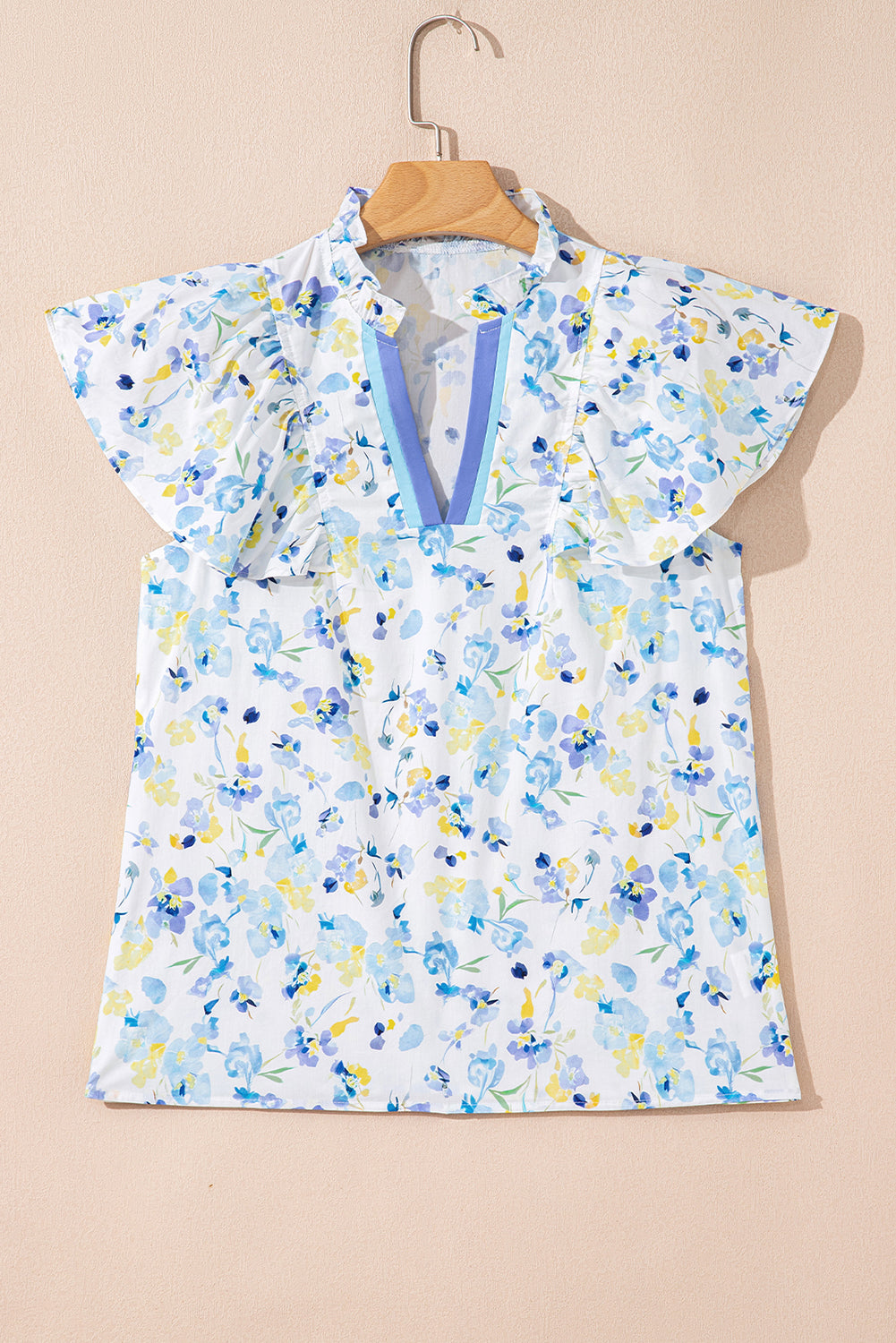 Floral Frilled Notched V-Neck Blouse