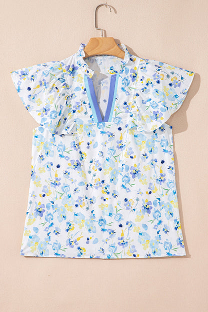 Floral Frilled Notched V-Neck Blouse