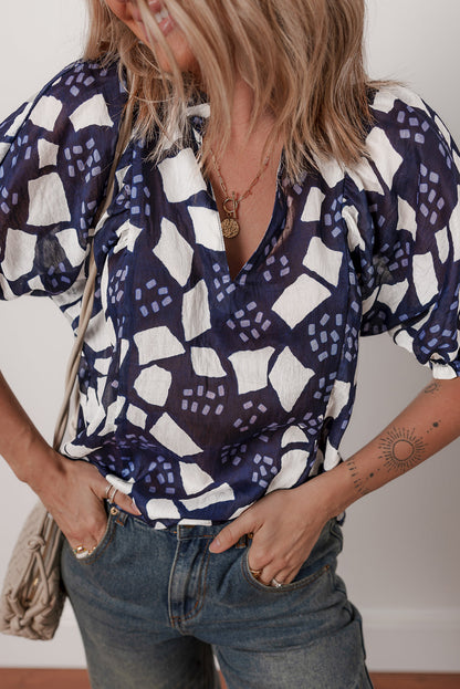 Abstract Frilled Puff Sleeve Blouse