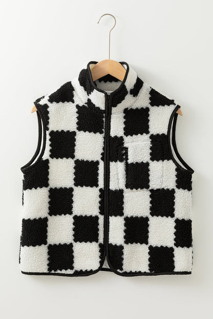 Checker Sherpa Collared Zip Up Vest