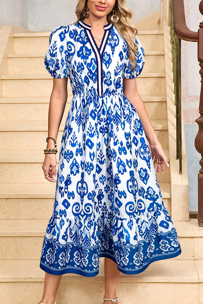 Floral Puff Sleeve V-Neck Midi Dress