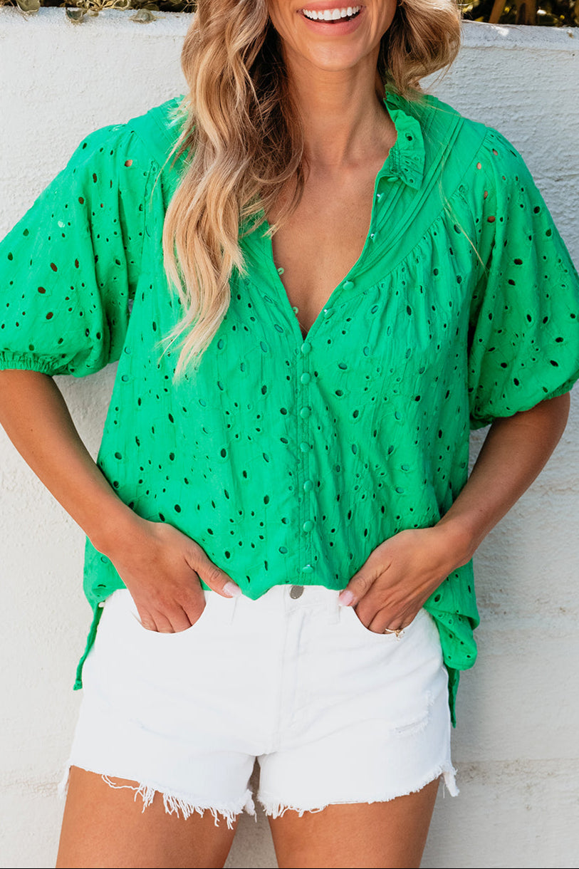 Eyelet Embroidered Puff Sleeve Blouse