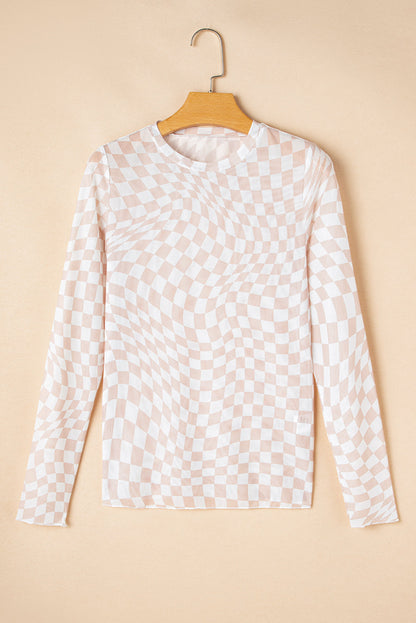 Checker Mesh Long Sleeve Top