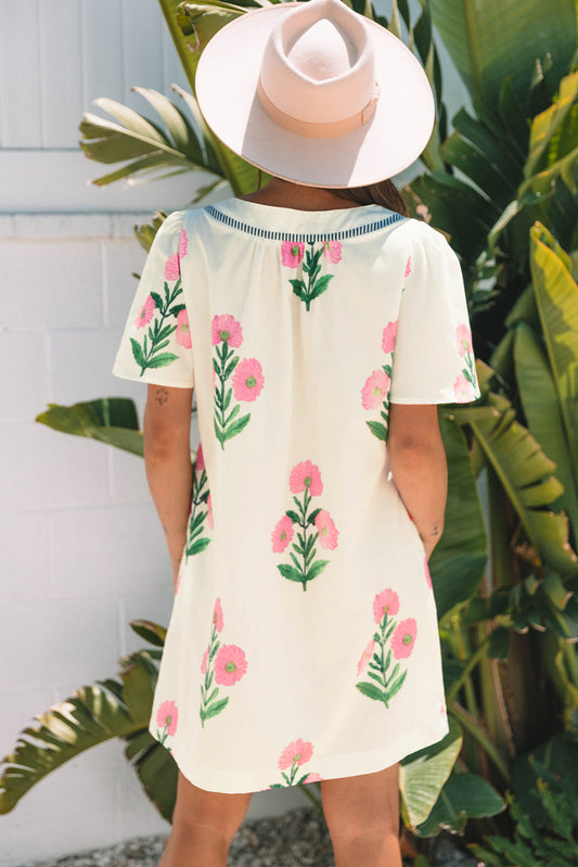 Floral Split Neck Mini Dress