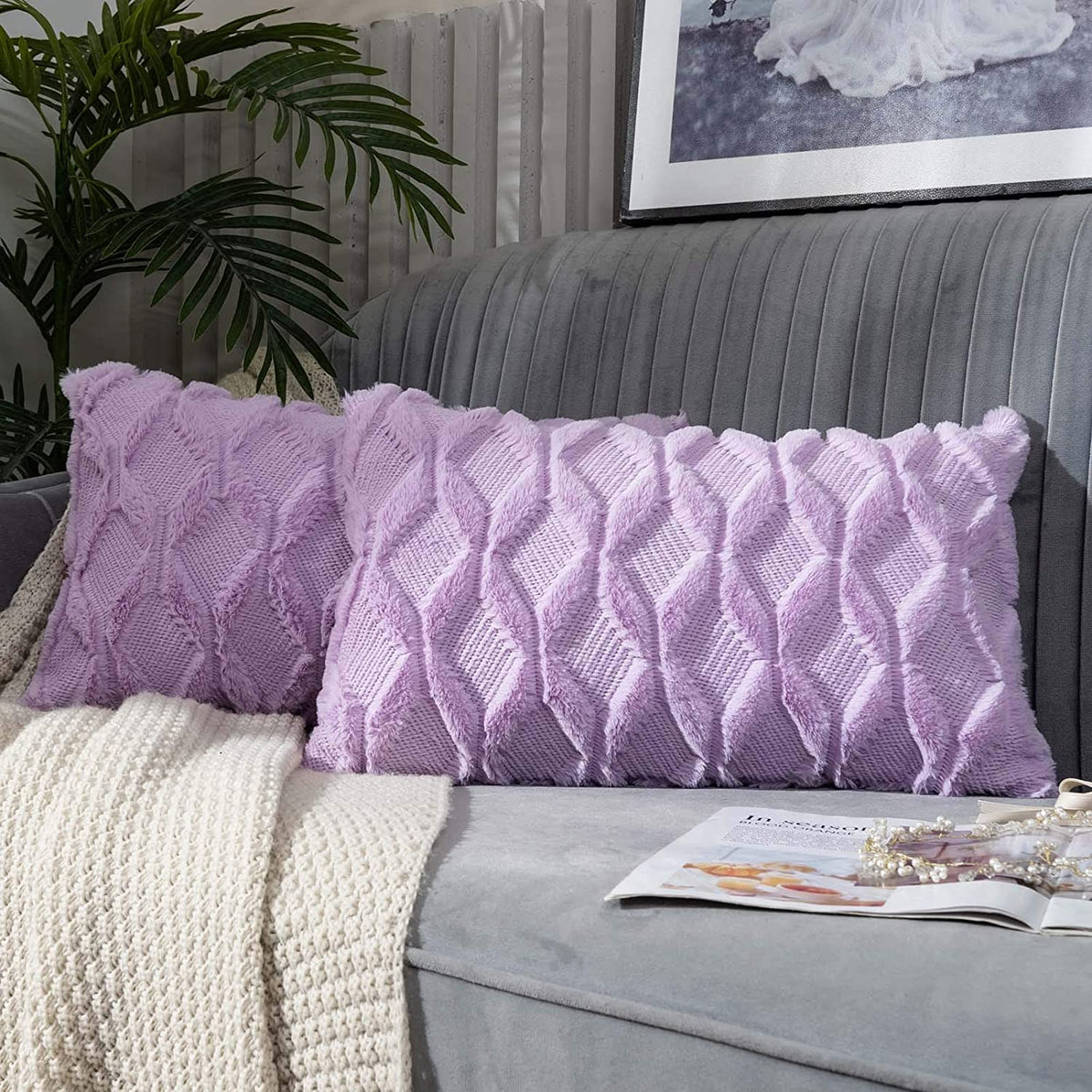 Solid Rectangular Lumbar Plush Throw Pillow Covers 12x20 Pack of 2
