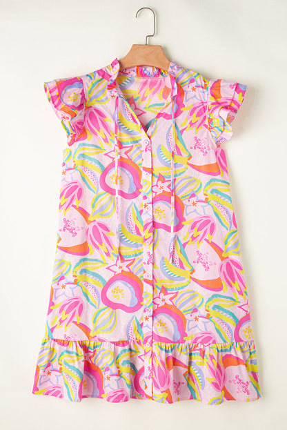 Abstract Floral Ruffle Buttoned Dress