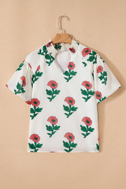 Floral Shirred Split Neck Blouse