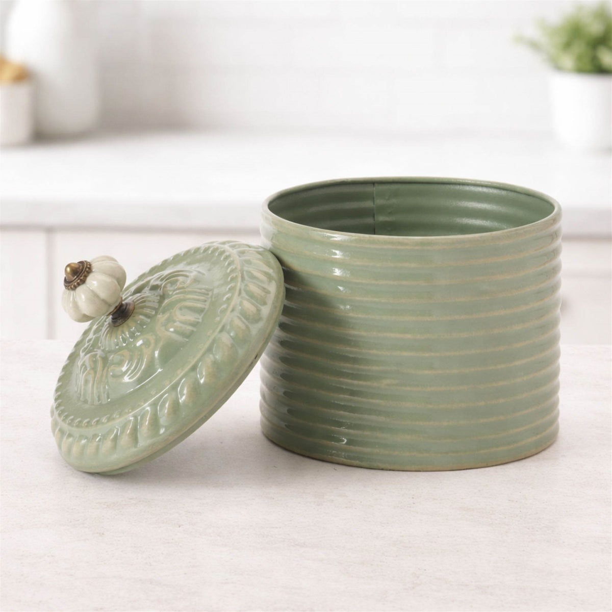 Ribbed Metal Canister with Lid 8"H