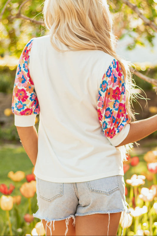 Floral Patchwork Puff Sleeve Blouse
