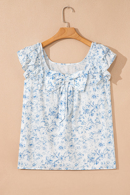Floral Bow Back Ruffle Sleeve Blouse
