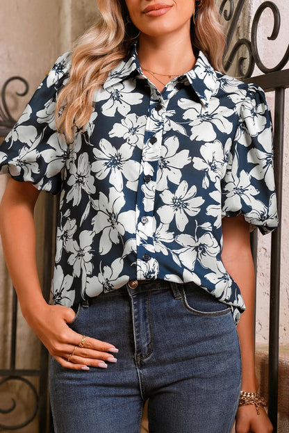 Floral Puff Sleeve Buttoned Shirt