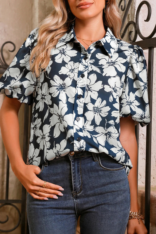 Floral Puff Sleeve Buttoned Shirt
