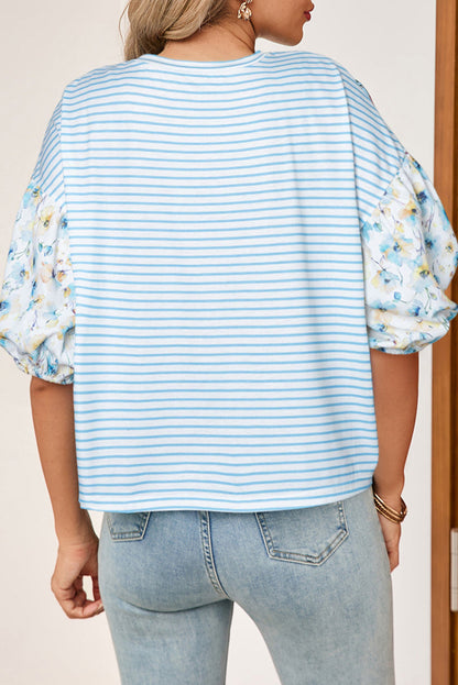 Stripe Floral 3/4 Puff Sleeve Top