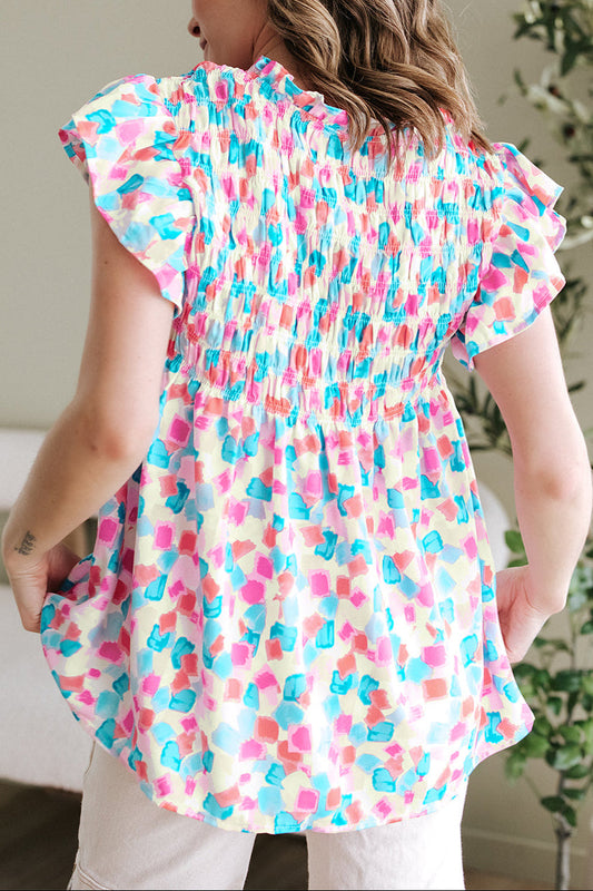 Abstract Shirred Ruffle Sleeve Blouse