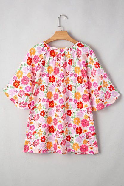 Plus Size Floral Wide Short Sleeve Blouse