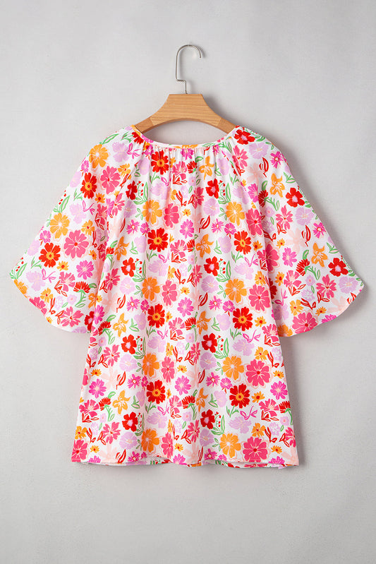 Plus Size Floral Wide Short Sleeve Blouse