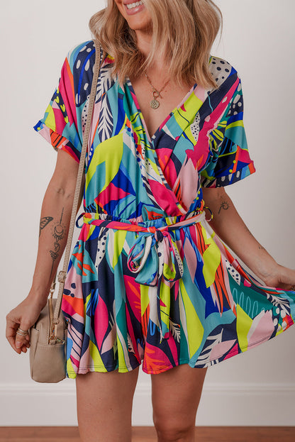 Tropical Wrap V-Neck Belted Romper