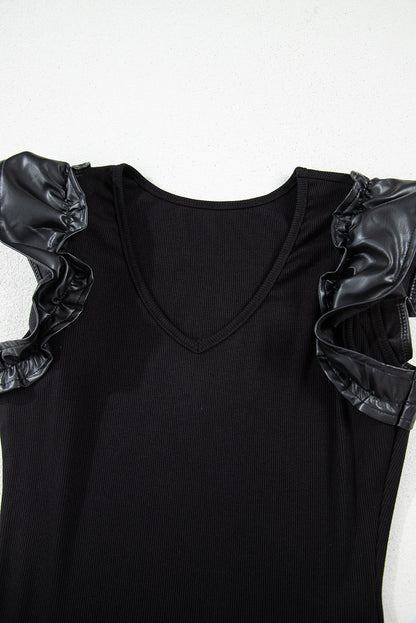 Leatherette Patchwork Ruffle Sleeve Bodysuit