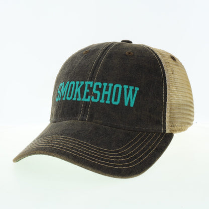 Smokeshow Trucker Hat Distressed Black Embroidered Pink or Aqua