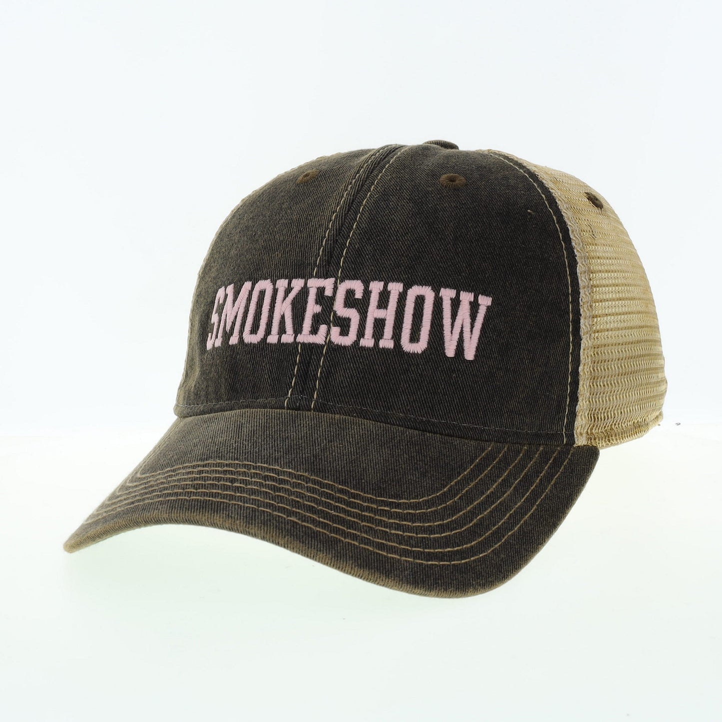 Smokeshow Trucker Hat Distressed Black Embroidered Pink or Aqua