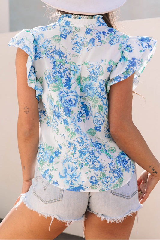 Floral Ruffle Sleeve Buttoned Shirt