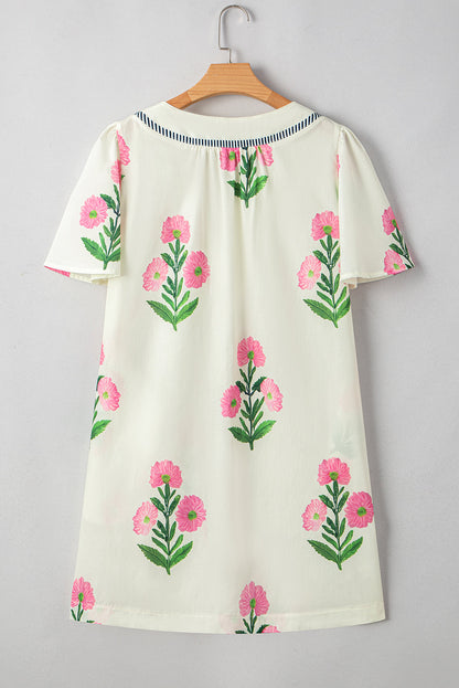Floral Split Neck Mini Dress