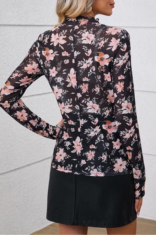 Floral Mesh Mock Neck Top
