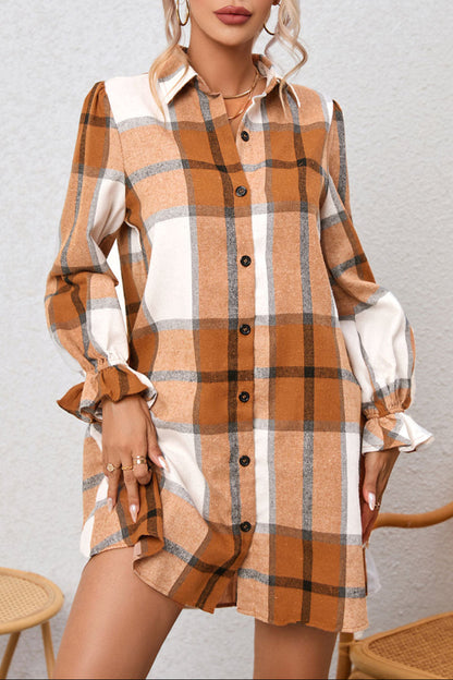 Plaid Ruffle Sleeve Shirt Dress