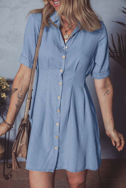 Denim Pleated Short Sleeve Shirt Dress