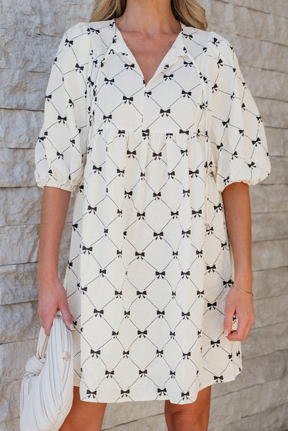 Bow Textured Puff Sleeve Mini Dress