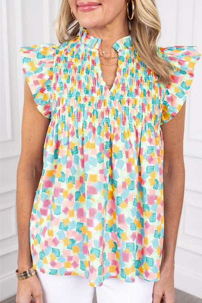 Abstract Shirred Ruffle Sleeve Blouse
