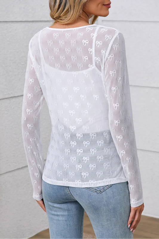 Bow Mesh Long Sleeve Top