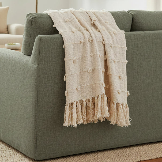 Cream Poms Cotton Throw Blanket – 50" x 60" Cozy Fringe Trim