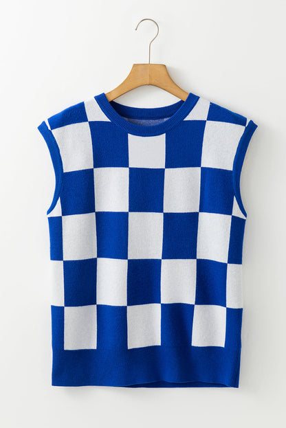 Checker Round Neck Sleeveless Sweater