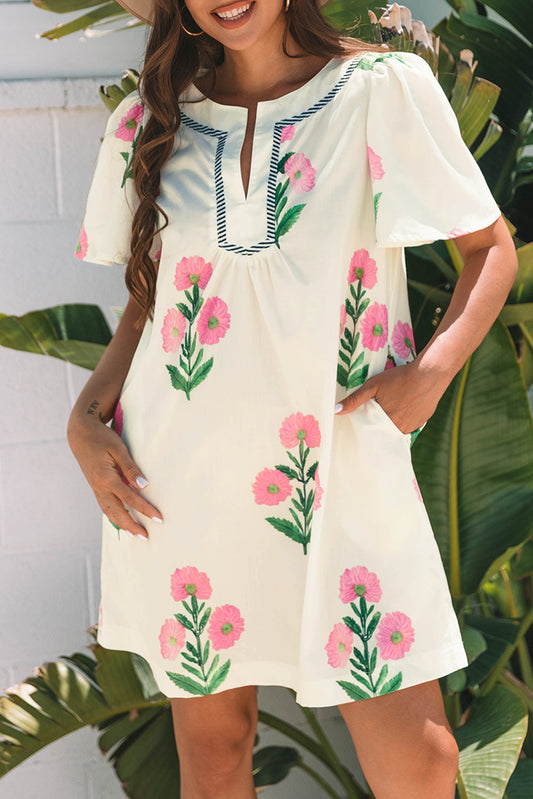Floral Split Neck Mini Dress