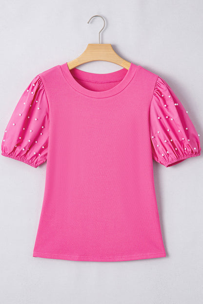 Pearl Beaded Ribbed Puff Sleeve Top
