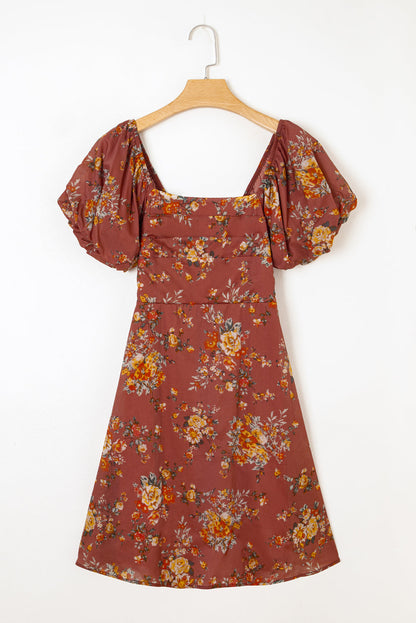 Floral Puff Sleeve Open Back Mini Dress